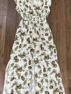 White Floral Maxi Dress with Green Leaf Print